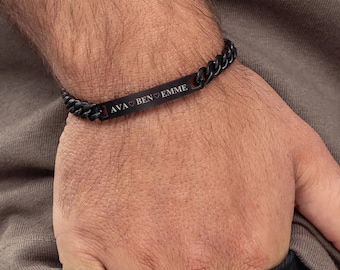 Custom Men's Black Bracelet, Men's Chain Bracelet, Bar Bracelet, Name Bracelet, Initial Bracelet, Men's Jewelry, Personalized Men's Gift