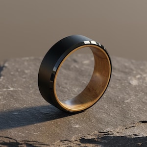 Black Tungsten Wood Ring, Men's Wedding Band, Japanese Style Ring with Wood Inner Sleeve, Whiskey Barrel Ring, Titanium ring,Gift For Him