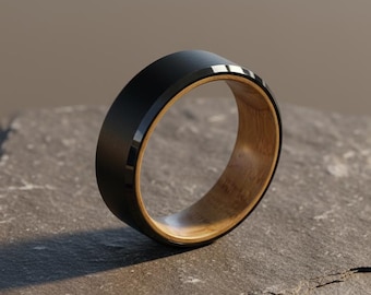 Black Tungsten Wood Ring, Men's Wedding Band, Japanese Style Ring with Wood Inner Sleeve, Whiskey Barrel Ring, Titanium ring,Gift For Him