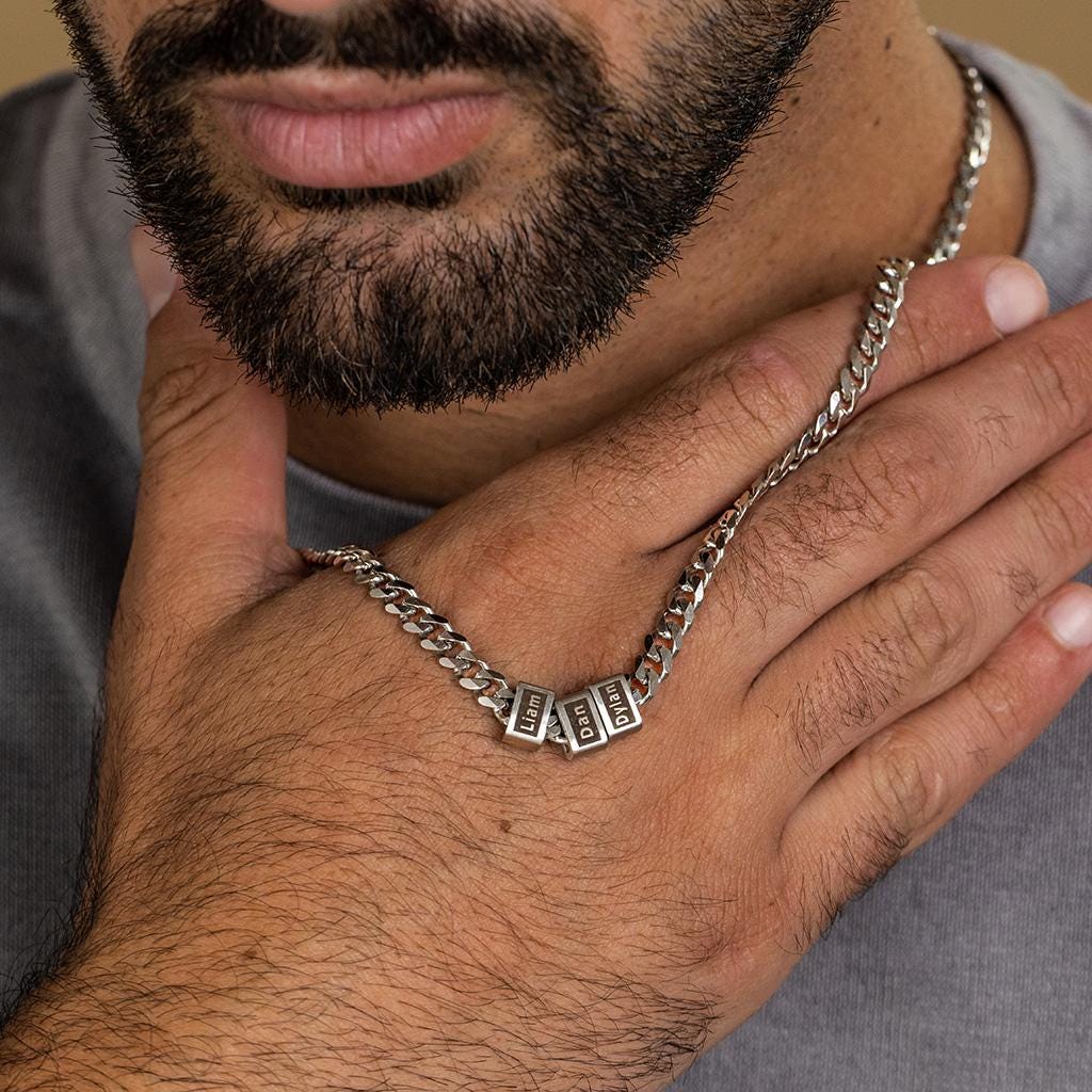 Collana Uomo Personalizzata Con Perline E Iniziali &ndash; Acciaio Inox, Stile Anni 90, Lunghezza 56-60 Cm