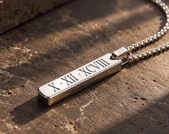 Custom Men's Bar Pendant Necklace, Personalized Men's Silver Necklace, Roman numeral Necklace, Gift for Father's Day Valentine's Day