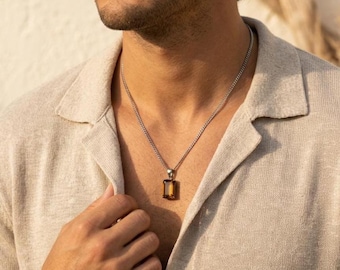 Tiger Eye Necklace for Men – Silver Rectangular Stone Pendant, Waterproof Cuban Chain, Gift for Dad