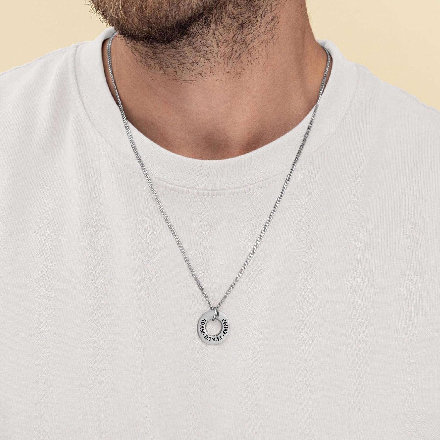 Custom Men's Silver Circle Necklace, Message Necklace, Name Necklace, Coordinate necklace, Roman Nueral, Husband Gift, Boyfriend Gift, Dad
