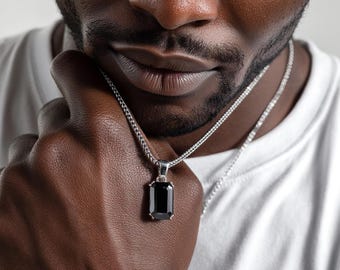 Black Onyx Necklace, Men's Silver Necklace,Mens Stone Pendant,Men's Jewellery, Black Stone Pendant, Men's Fashion Necklace,Christmas,For Him