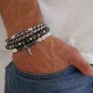 Men's Bracelet Set - Men's Beaded Bracelet - Men's Leather Bracelet - Men's Jewelry - Men's Gift - Boyfriend Gift - Husband Gift - Male
