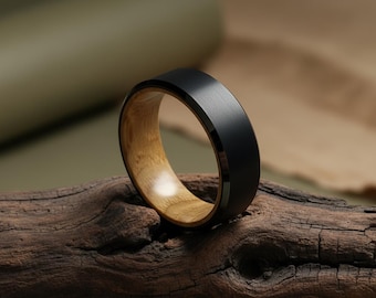 Black Whiskey Barrel Rings, Unique Men Wedding Band, Mens Wooden Promise Ring, Tungsten Wedding Bands for Men, Mens Engagement Ring For Him