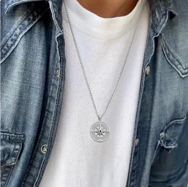 Compass North Star Pendant Stainless Steel Silver - Men Compass Necklace - Mens Compass Pendant - North Star Necklace For Men - Gift For Him