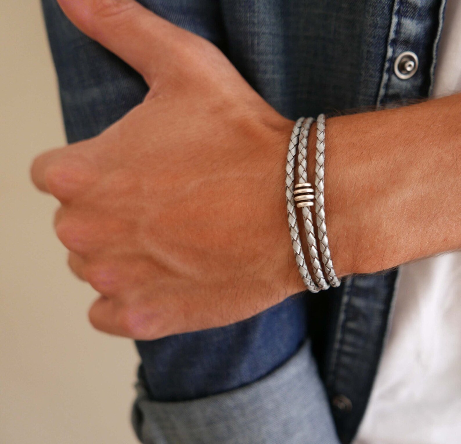 Mens white leather bracelet Clearance