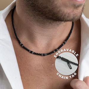 Gepersonaliseerde zwarte onyx-ketting heren, kralenketting voor heren, edelsteenketting heren, herensieraden, cadeau voor echtgenoot vriend papa