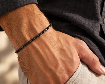 Minimalist Dainty Black Stainless Steel Chain Bracelet For Men, Men's Classic Bracelet, Valentine’s Day Gift For Husband Boyfriend Dad Him