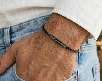 Aangepaste zwarte armband voor heren, gepersonaliseerd cadeau voor papa, gegraveerde sieraden voor mannen, naamketting, kindernaamarmband, cadeau man, kerstmis