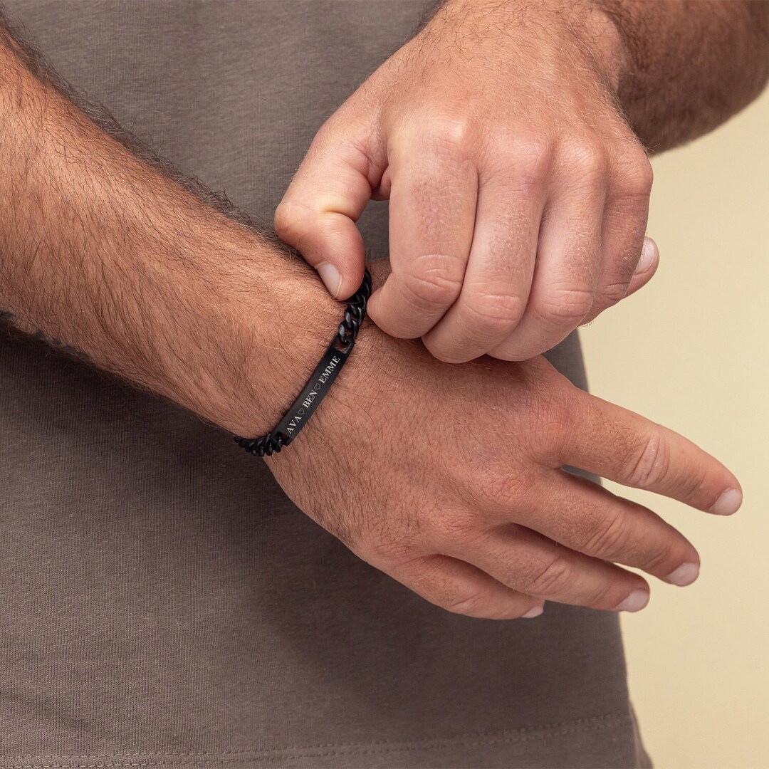Custom Men's Black Bracelet, Men's Chain Bracelet, Bar Bracelet, Name