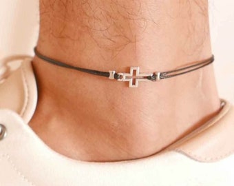 Tobillera cruzada para hombres, tobillera de hombre con dije de cruz de plata, joyería católica cristiana, regalo religioso, pulsera de tobillo, joyería de verano