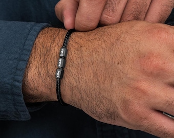 Bracelet noir pour homme personnalisé, cadeau personnalisé pour papa, bijoux gravés pour homme, collier prénom, bracelet prénom enfant, cadeau mari, Noël