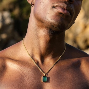 Mens Necklace Silver Green Aventurine Chain Necklace For Men, Mens Silver Chain With Gems , Rhombus Green Gem Necklace Chain, Mens Jewelry