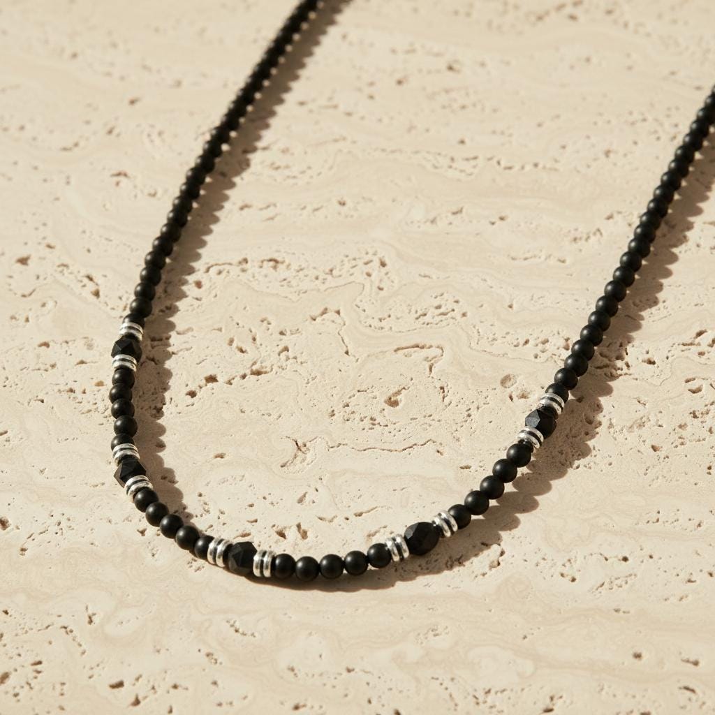 Collana Uomo, Collana Uomo in Pietre Naturali con 6 mm Perle di Ossidiana Nera e lapislazzuli 6 mm - Gioiello Maschile Elegante, Ideale per Lui