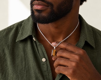 Men's Birthstone Necklace, Black Onyx ,Tiger Eye,Spectrolite  Pendant Necklace,Tiger Eye Necklace for Men, Personalized Jewelry,Christmas