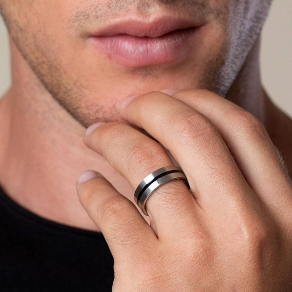 Black Stripe Dot Patterned Silver Single Wedding Ring for Men » Anitolia