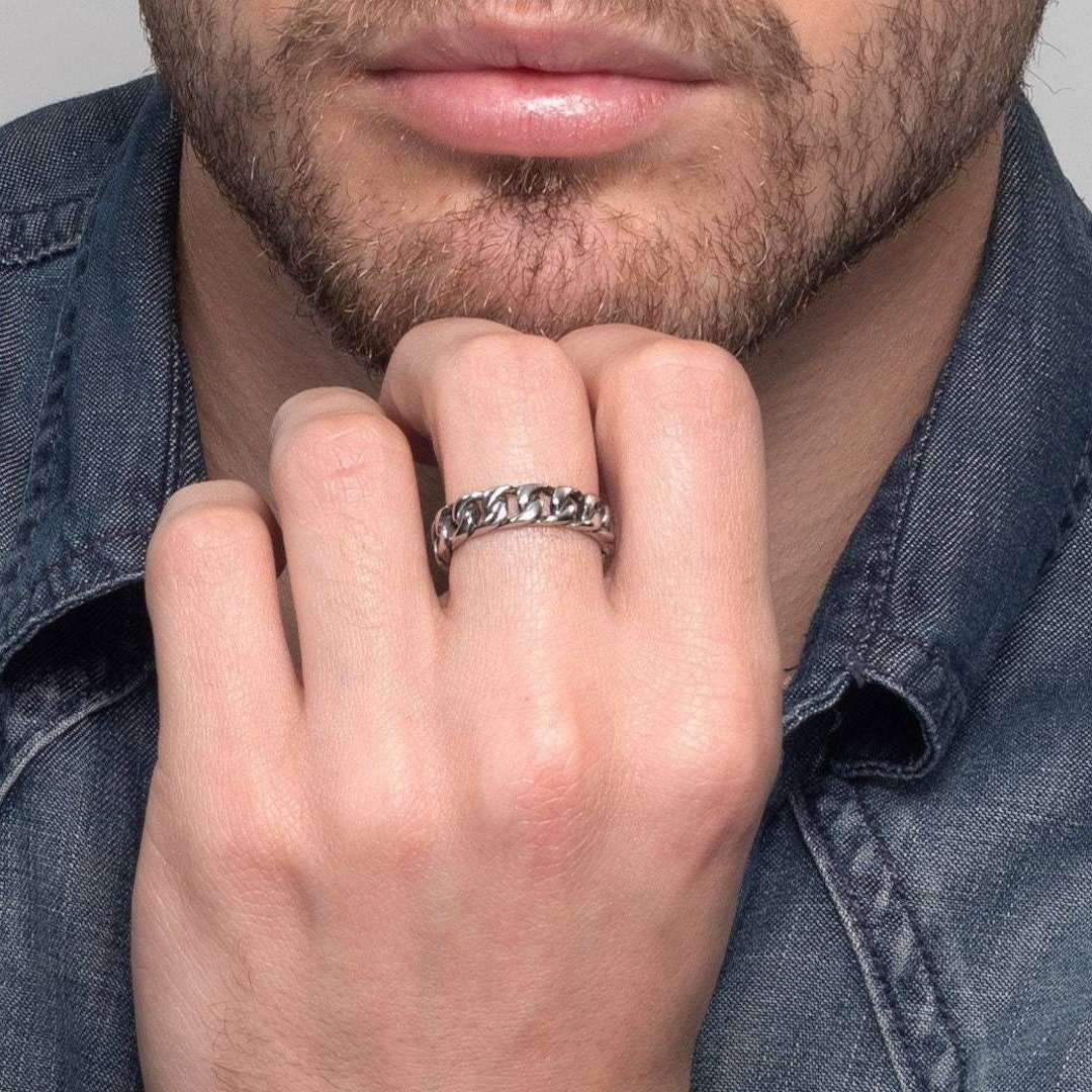 Men's Silver Chain Ring, Men's Stainless Steel Ring, Cuban Ring, Curb Ring, Men's Silver Band