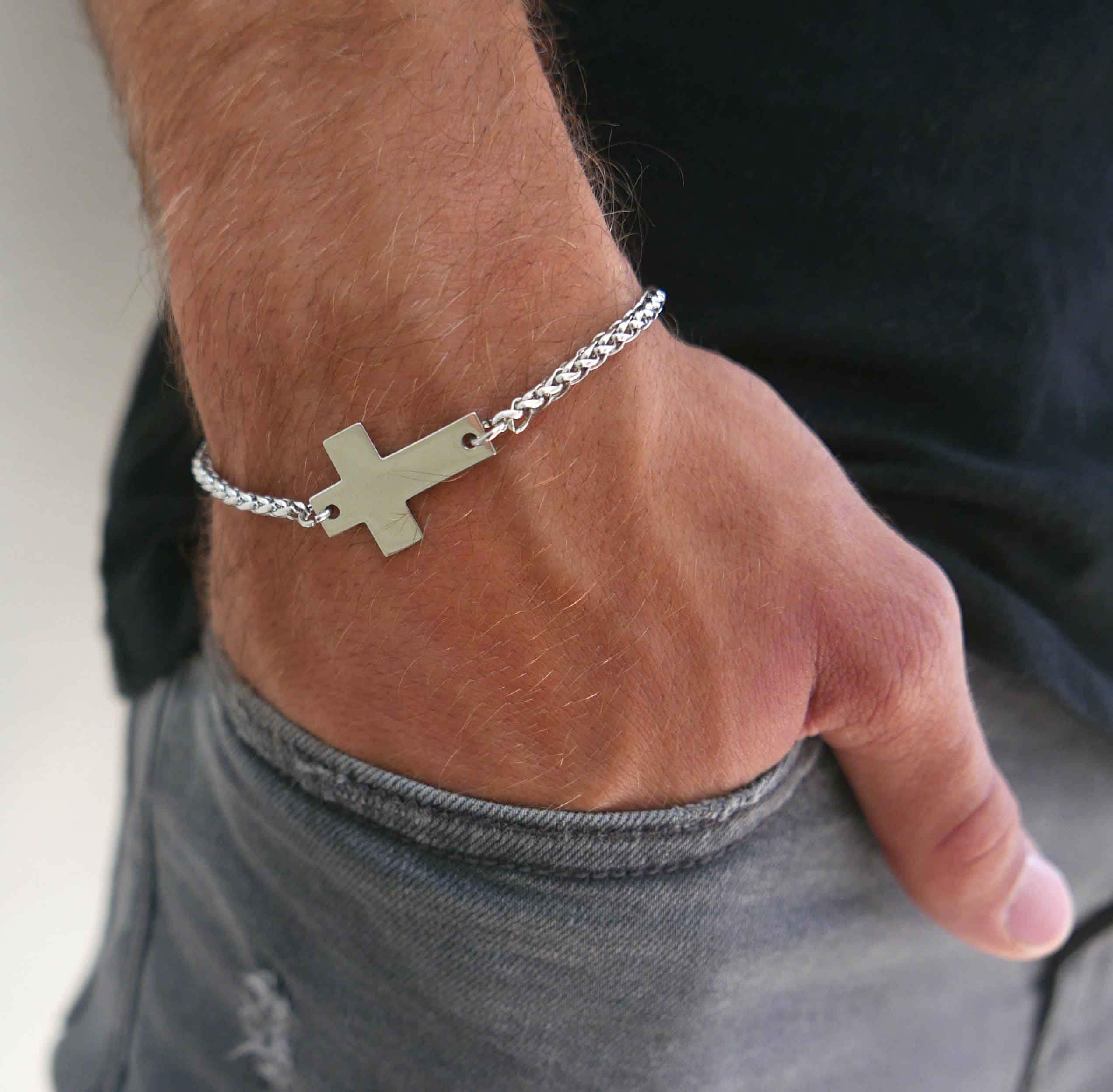 Onyx Beaded Silver Cross Bracelet For Men