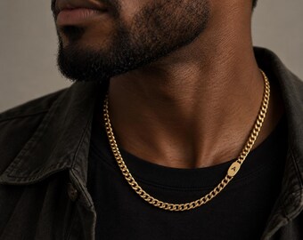 Mens Chain, 4mm Gold Plated Curb Chain, Personalized Chain, Custom Necklace, Engraved Initials, Stainless Steel Necklace for Men