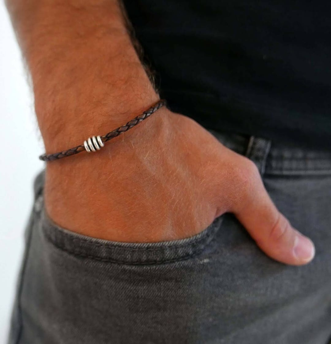 Simple Leather Bracelet for Men With Stainless Steel Bead, Men's Cuff ...