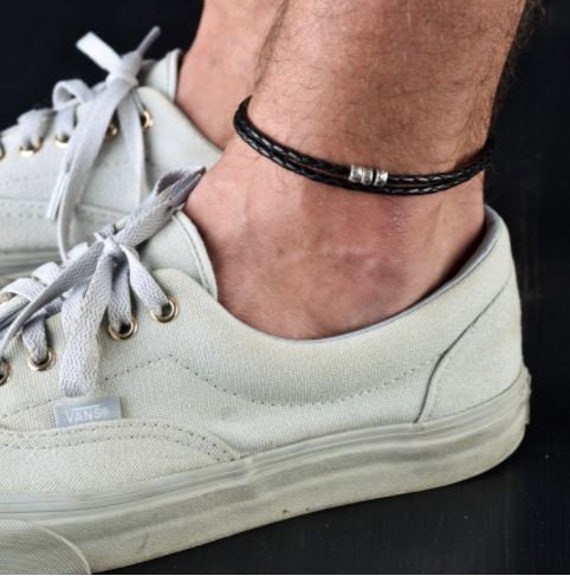 Knots and fiber bracelets: men's wide ankle bracelet blue black beaded  design strata series
