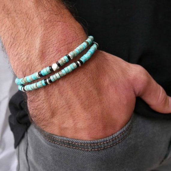 Mens Turquoise Gems and Stainless Steel Bead Bracelet - Etsy