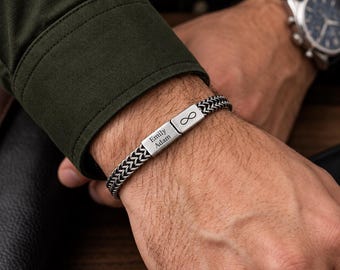 Men's Personalised Family Name Bracelet, Stainless Steel Magnetic Clasp Bracelet with Initials, Anniversary Gift for Husband Boyfriend
