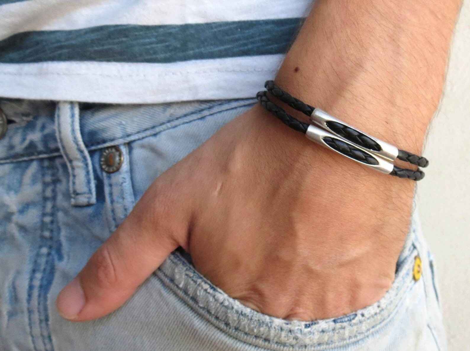 Men's Black Leather Bracelet Leather Cuff Bracelet for Etsy