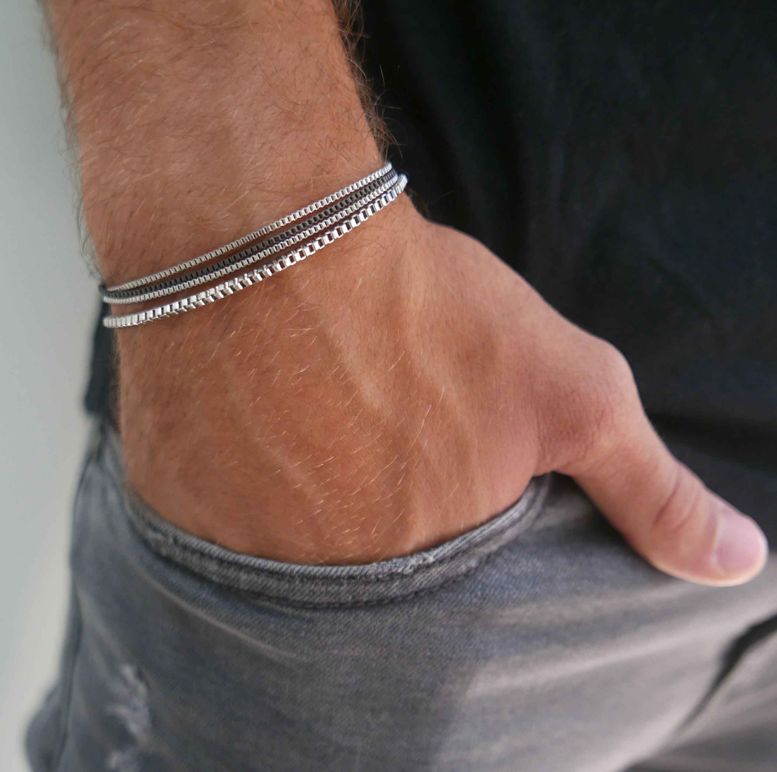 Chain Bracelet For Men Cuff Bracelet For Men Jewelry For Men Handmade Cuff Gray Genuine Leather Bracelet For Men Set With Silver Plated Chain By Galis Jewelry