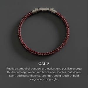 May include: A circular, braided red bracelet with a silver clasp. The bracelet has a woven design. The text "GALIS" is below the bracelet.