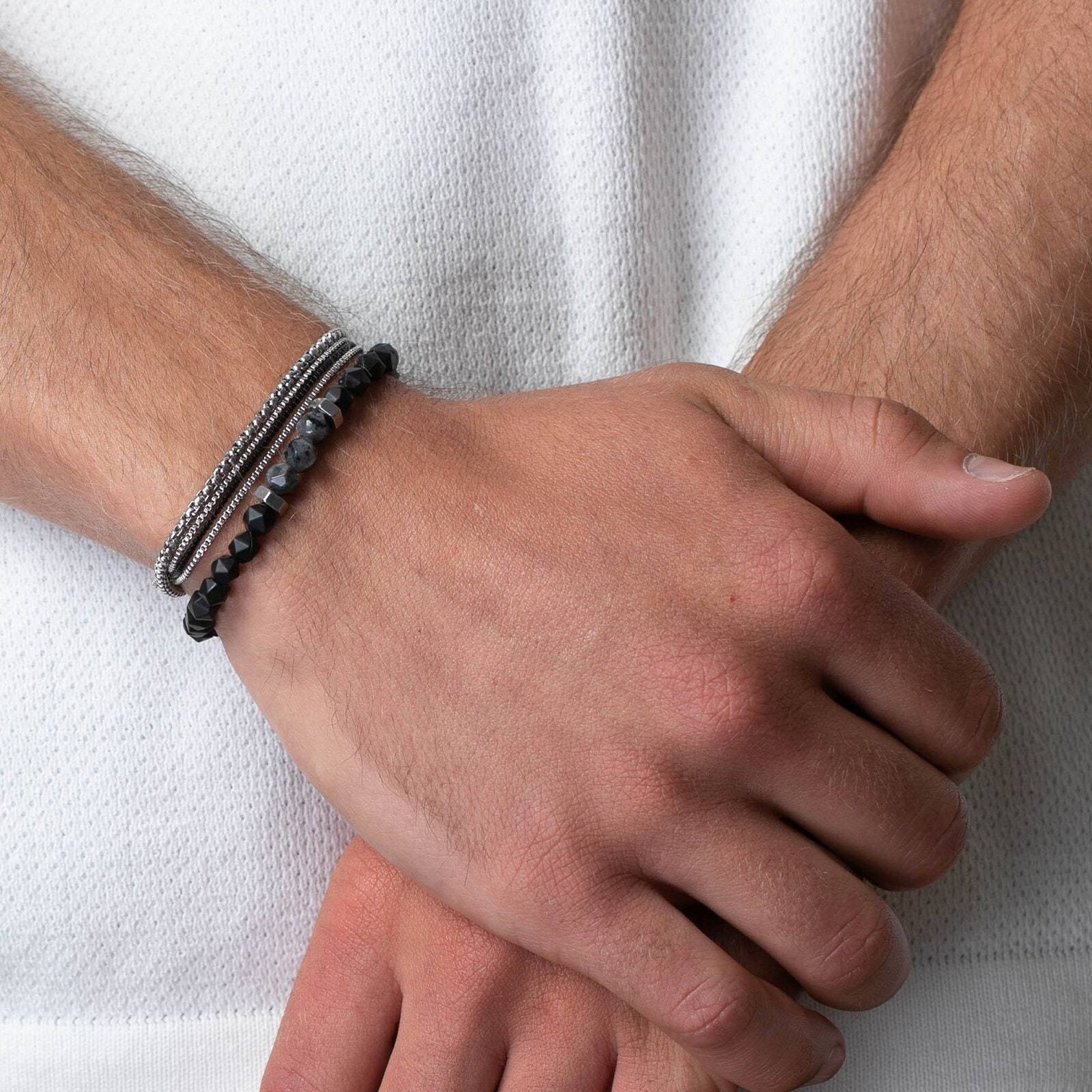 Men's Bracelet Set, Men's Beaded Bracelet, Men's Silver Bracelet, Men's