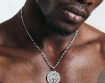 シルバー コンパス ペンダント 男性用ネックレスセット - シルバーコンパスペンダント ノーススター