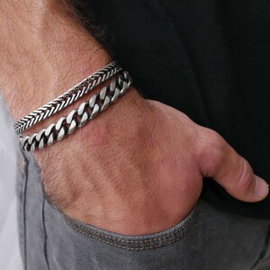 Men&#39;s Chain Bracelet Set, Men&#39;s Silver Bracelet, Men&#39;s Cuff Bracelet, Men Gift, Present For Men, Husband Gift, Boyfriend Gift, Men&#39;s Jewelry