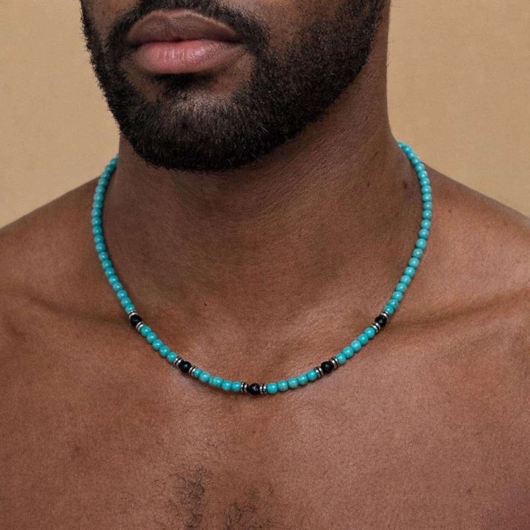 メンズターコイズビーズネックレス、メンズビーズネックレス、メンズ