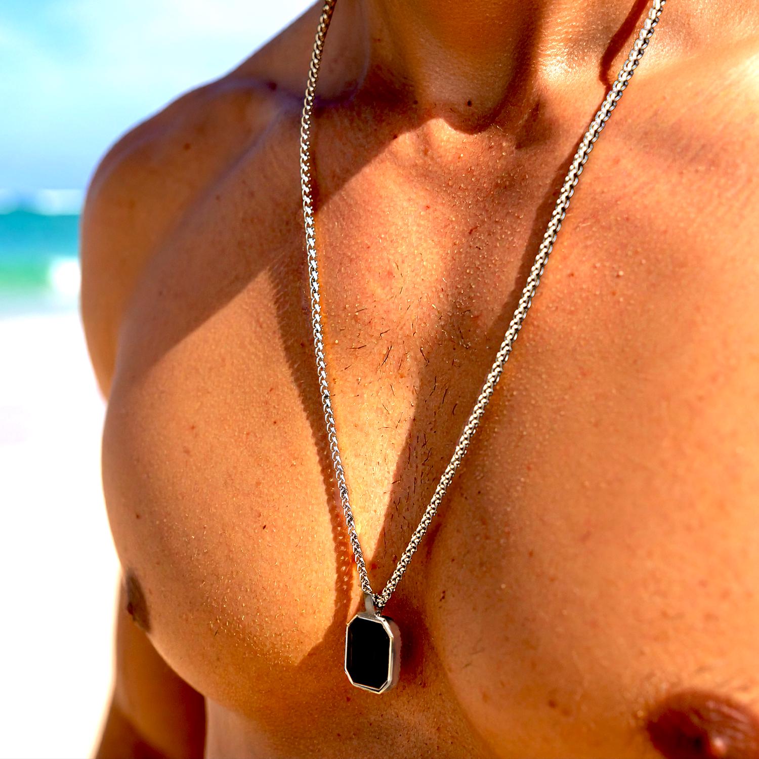 Black Onyx Necklace, Men's Silver Necklace, Mens Stone Pendant, Men's Jewellery, Black Stone Pendant, Men's Fashion Necklace,Father's Day