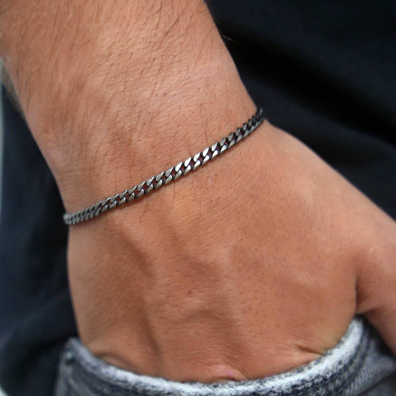 Silver links Chain Bracelet, Men's Dainty Silver Bracelet, Men's Stainless Steel Bracelet, Minimalist Bracelet for Men, Groomsmen Gift image 3