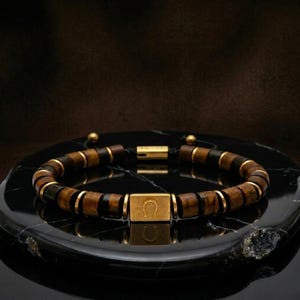Armband med naturligt tigeröga för skydd, jordning och självförtroende | Läkande smycken för män | Förgylld