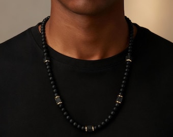Cube lava-ketting, herensieraden, herenkettingen, matzwarte onyx-ketting, kralenketting voor heren, boho-stijl, edelsteenketting