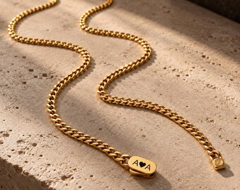 Mens Chain, 4mm Gold Plated Curb Chain, Personalized Chain, Custom Necklace, Engraved Initials, Stainless Steel Necklace for Men
