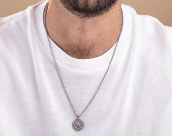 Kompass Nordstern Anhänger Edelstahl Silber - Herren Kompass Halskette - Herren Kompass Anhänger - Nordstern Halskette für Herren - Geschenk für Ihn