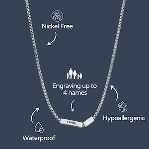 Puede incluir: Un collar de cadena de plata con una placa de nombre personalizada que dice "EMMA". El collar es impermeable, hipoalerg&eacute;nico y sin n&iacute;quel. Se puede grabar con hasta 4 nombres.