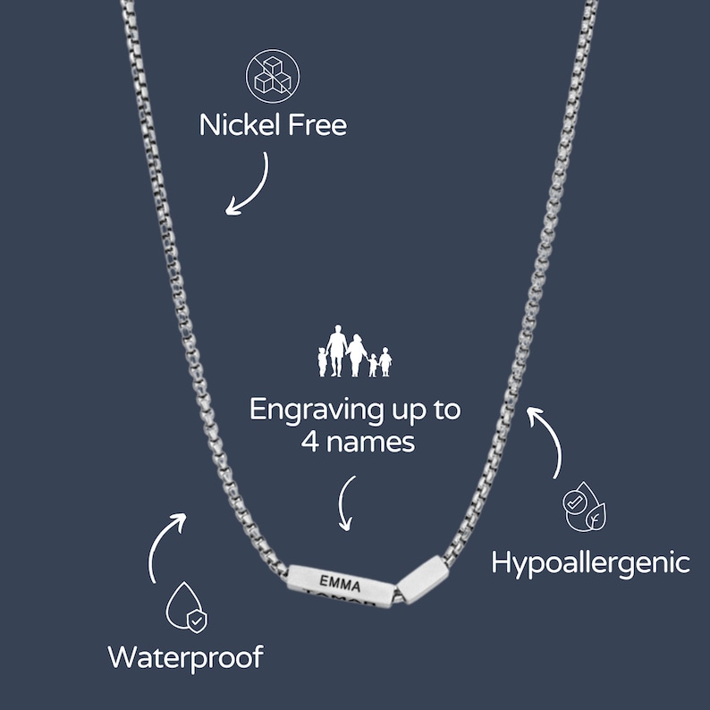 Puede incluir: Un collar de cadena de plata con una placa de nombre personalizada que dice "EMMA". El collar es impermeable, hipoalerg&eacute;nico y sin n&iacute;quel. Se puede grabar con hasta 4 nombres.