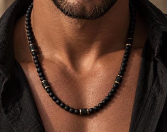 Cube Lava Necklace,Mens Jewelry,Mens Necklaces,Matte Black Onyx Necklace,Beaded Necklace for Men,Boho Style,Gemstone Necklace