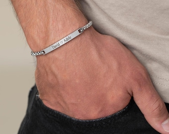 Personalize Silver Bar Bracelet For Men, Engraved Initial Bracelet, Custom Men's Name Bracelets, Gifts For Husband Boyfriend Dad Anniversary