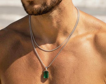 Collier avec pendentif en aventurine pour homme, pendentif vert, collier pour homme, pendentif gris pour homme, bijoux pour homme, collier en argent, acier inoxydable, cadeau pour lui