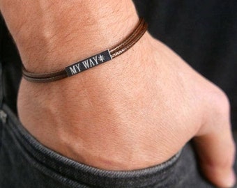 Men's Personalized Brown Wax Wires Bracelet, Custom Name Bracelet for Men, Engraved Initials Bracelet,  Boyfriend, Husband, Dad, Men's Gifts
