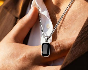 Black Onyx Necklace, Men's Silver Necklace, Mens Stone Pendant, Men's Jewellery, Black Stone Pendant, Men's Fashion Necklace,Christmas Gift