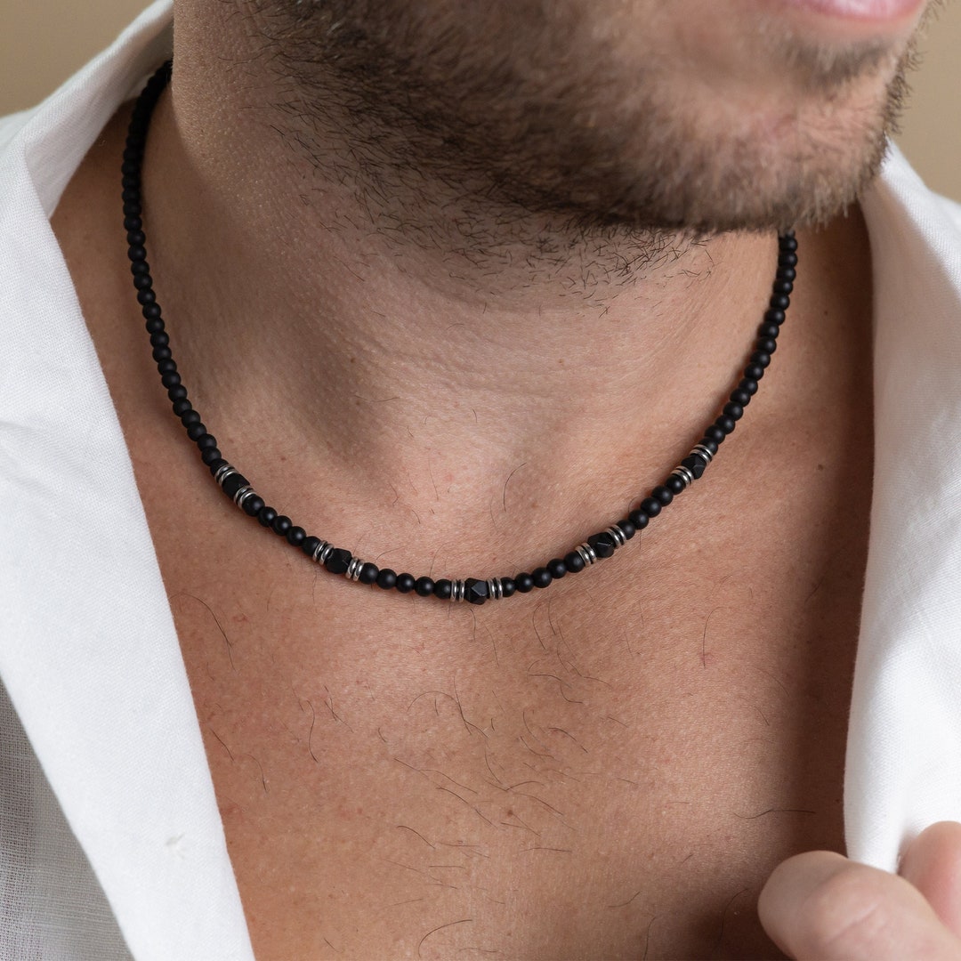 Black Onyx Necklace for Men, Men's Beaded Necklace, Men's Gemstone